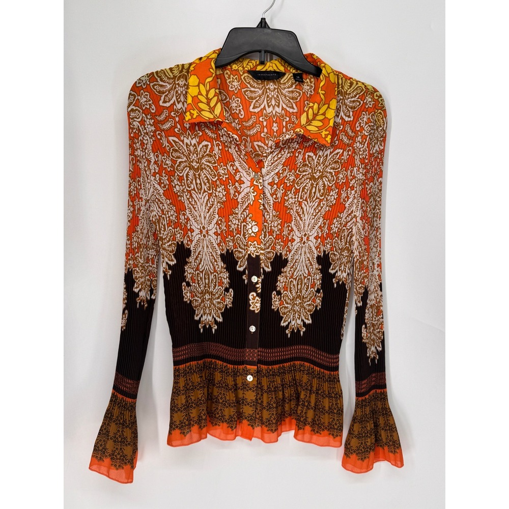 Investments Button Down Women 14 Orange EUC Pleated Paisley Bell Sleeve Shirt